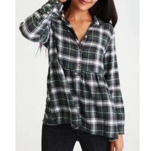American Eagle Black White Gray Plaid Babydoll Flannel Jegging Fit Top